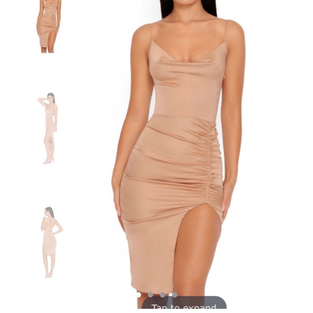 Satin cowl neck Ohpolly “Dip it Low” Bronze Dress